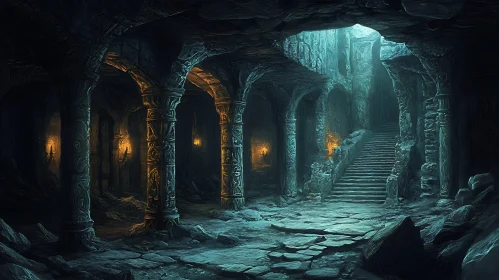 Ancient Stone Dungeon with Illuminated Stairs