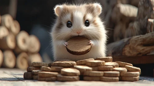 Charming Hamster with a Wooden Token