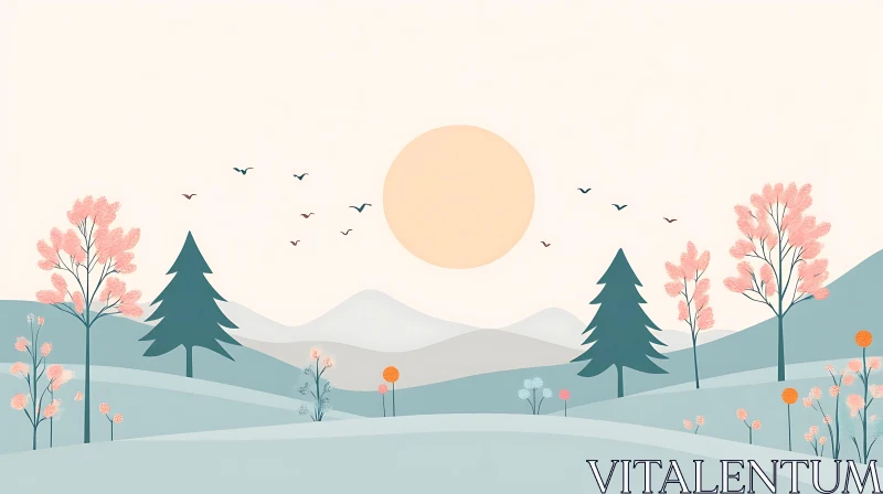 Pastel Nature Scene with Hills and Birds AI Image