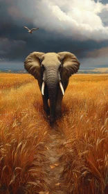 Elephant in Golden Grassland