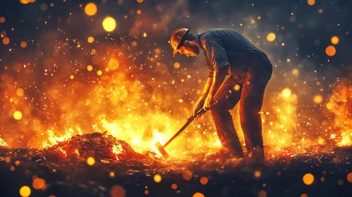 Fiery Worker Scene with Hardhat and Axe