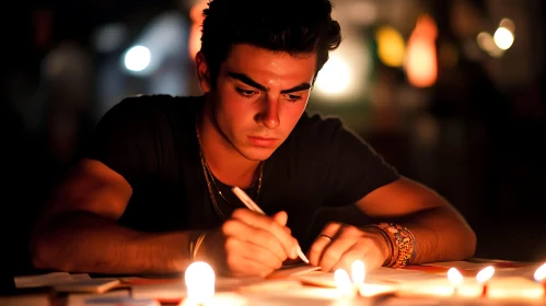 Man immersed in writing under the candle light