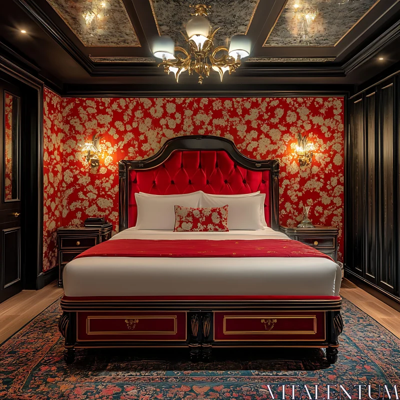 AI ART Opulent Bedroom with Red and Gold Decor