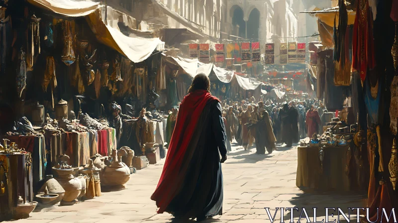 Marketplace Wanderer in Red Cloak AI Image