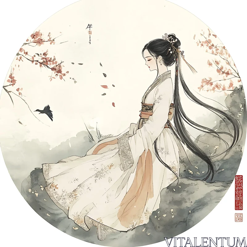 Asian Art: Woman with Cherry Blossoms AI Image