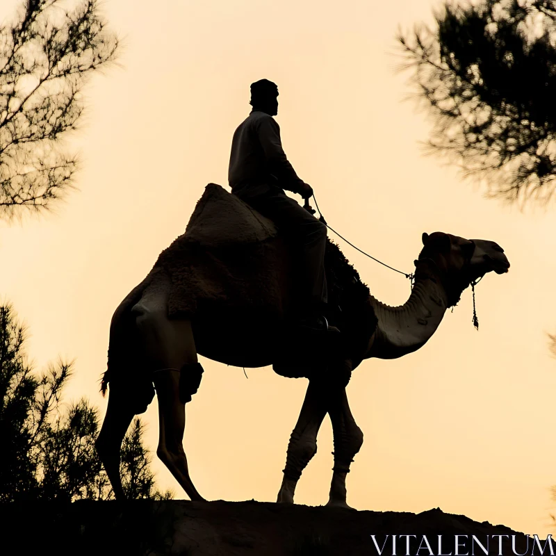 Man and Camel Silhouette in Desert AI Image