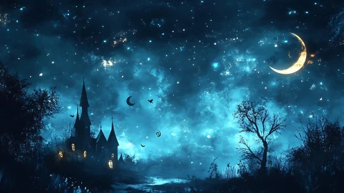 Moonlit Castle in Starry Sky