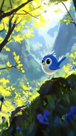 Cute Blue Bird Among Sunlit Foliage