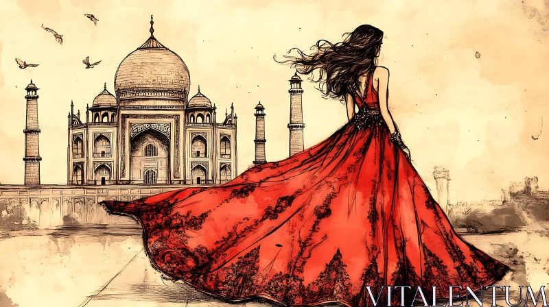 Woman in Red Dress at Taj Mahal AI Image