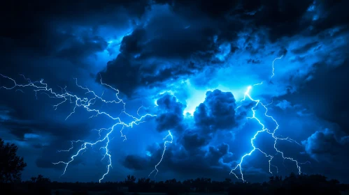 Blue Lightning Storm Over Dark Landscape