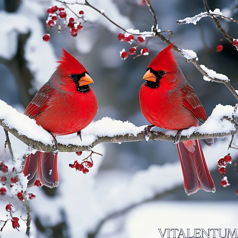 Winter Cardinals on Snowy Branch AI Image