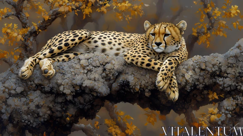 AI ART Cheetah on Tree Branch in Autumn