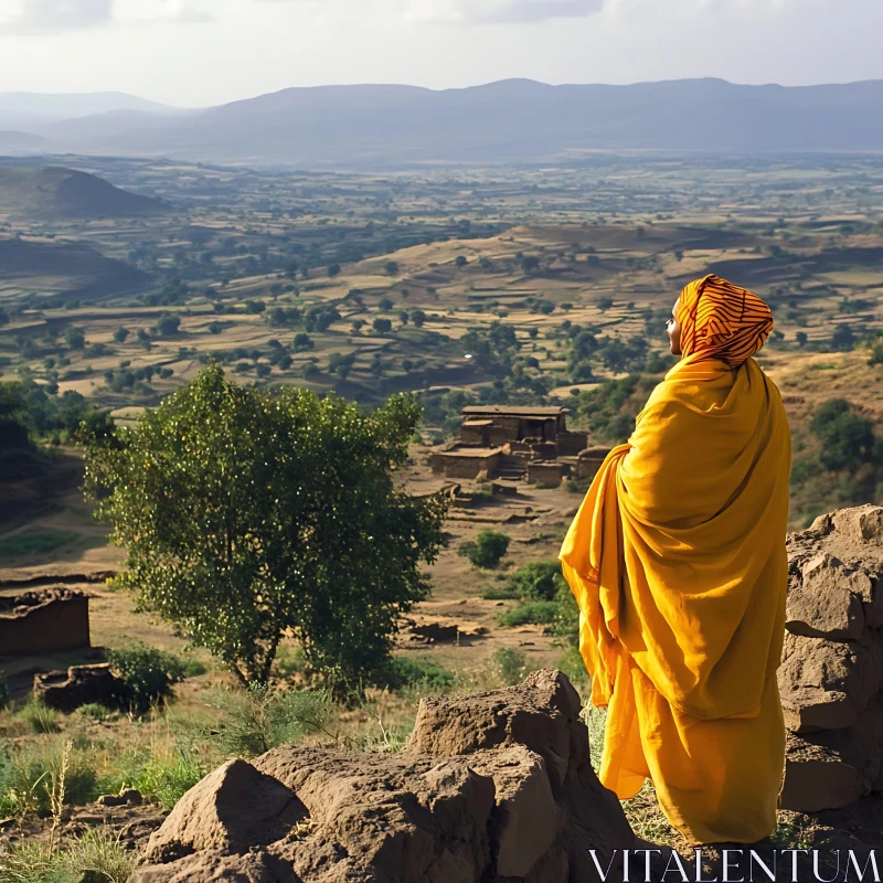 Serene Mountain View with Figure in Yellow AI Image