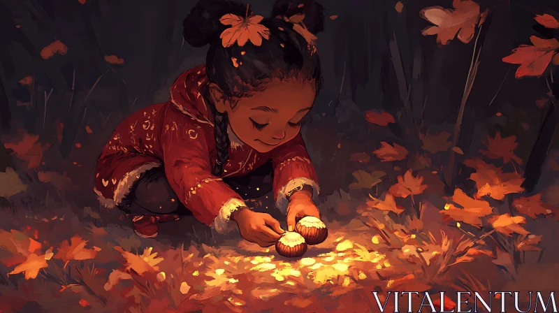 Girl Playing with Chestnuts in Autumn AI Image