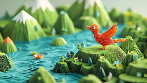 Orange Bird Paper Art Landscape