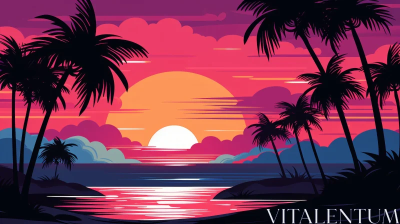Beach Sunset Vector Artwork - Pop Art-Inspired Tropical Landscape AI Image