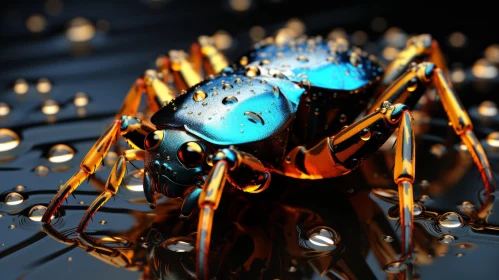 Blue Bug in Water Droplets: A Neon Futuristic Realism