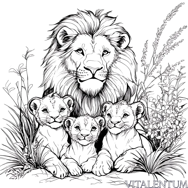 AI ART Monochrome Lion and Cubs