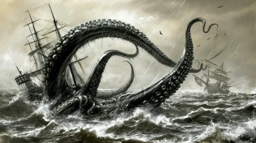 Captivating Digital Painting: Giant Octopus Attacks Ships in Stormy Sea