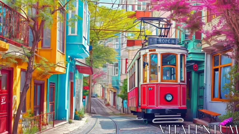 Charming Street Decor: Vibrant Red Tram and Colorful Buildings AI Image