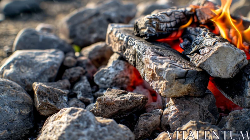 AI ART Close-Up Image of a Burning Campfire in a Stone Fire Pit