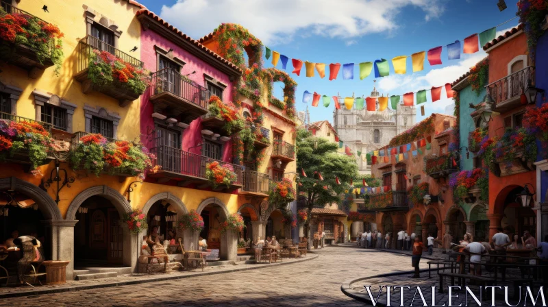 Colorful Medieval-Inspired Mexican City Street - Photorealistic Rendering AI Image