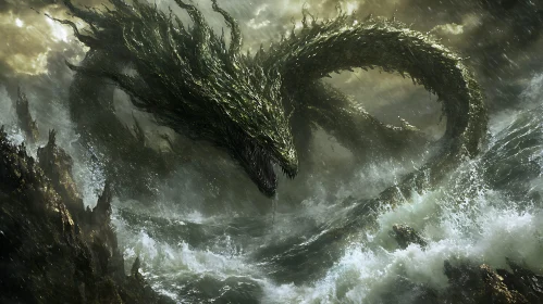 Colossal Dragon Rising From Ocean Waves