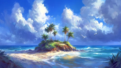 Tropical Paradise Island with Palm Trees and Seagulls