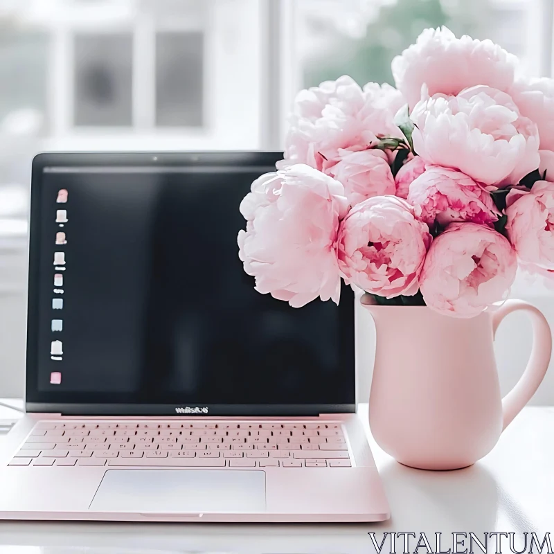 Elegant Pink Laptop and Peony Flowers on Desk AI Image