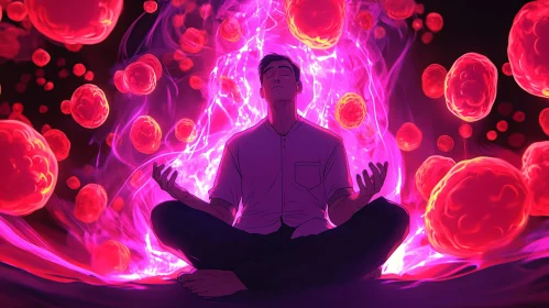 Serene Man in Meditation with Energy Spheres