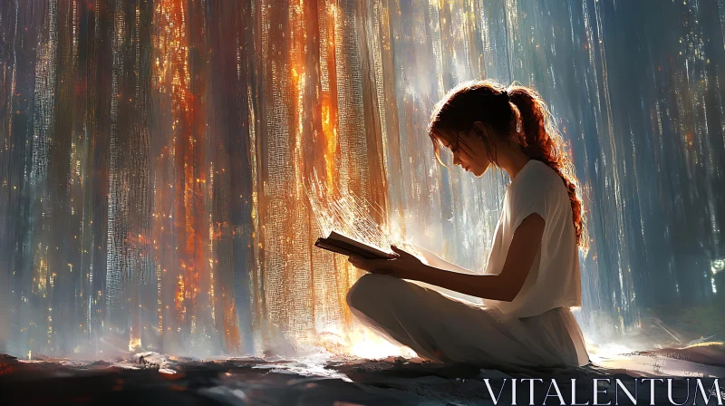 AI ART Woman Reading by a Waterfall of Light