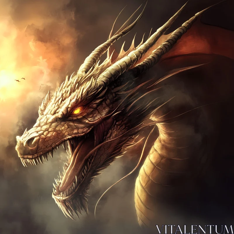 AI ART Golden Dragon Head with Fiery Eyes