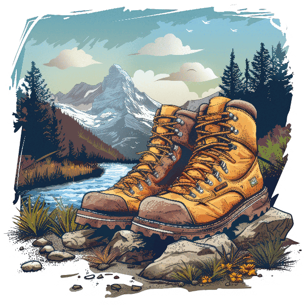 POD Design Hiking Boots with Scenic Mountain Landscape T-shirt Design