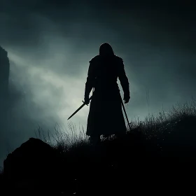 Shadowed Swordsman in Misty Landscape