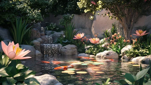 Serene Garden Pond with Koi Fish