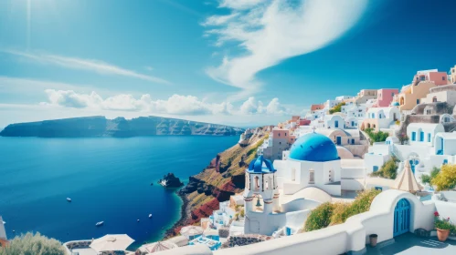Enthralling Seascape of Oia's Town with Blue Domes - Photorealistic Art