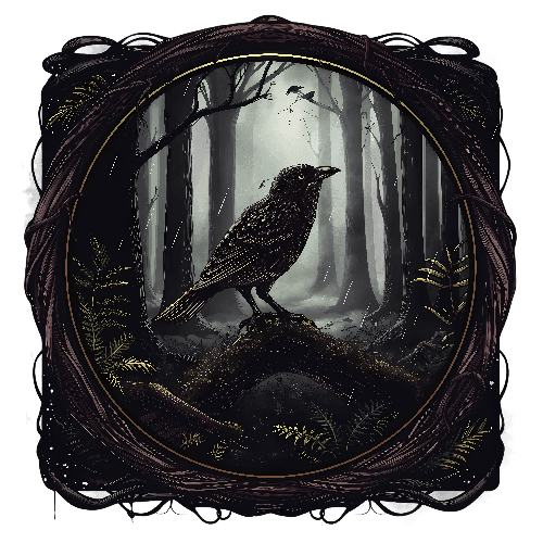 Mysterious Night Forest with Black Bird - Digital Art POD Design