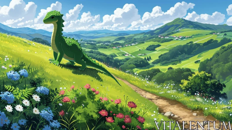 Serene Landscape with Village, Dragon, and Mountains AI Image