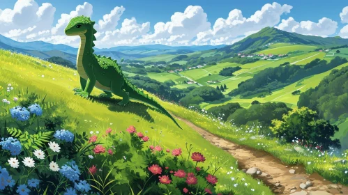 Serene Landscape with Village, Dragon, and Mountains