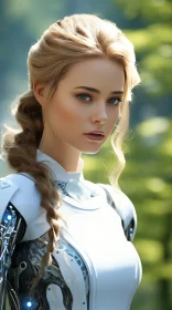 Woman in Robotic Suit Amidst Forest: A Blend of Medieval and Futuristic Aesthetics