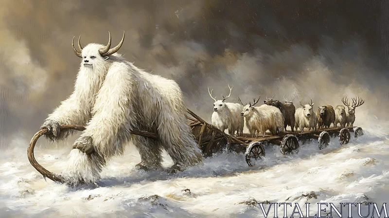 AI ART Creature Hauling Sled with Deer in Winter