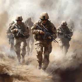 Army Squad Advancing in Smoky Terrain