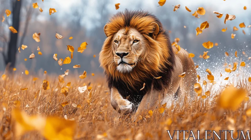 Lion in Autumn Field AI Image