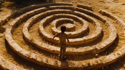 Circular Stone Maze with a Boy