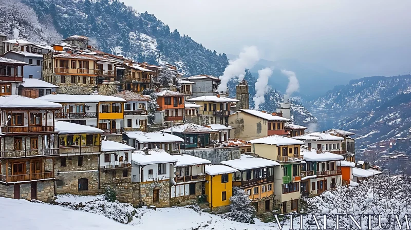 Snow-covered Village on a Hill AI Image