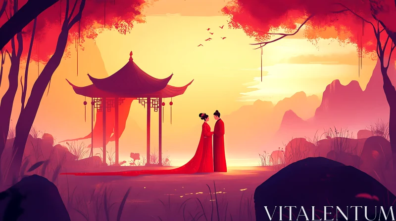 Serene Pagoda Scene with Couple AI Image