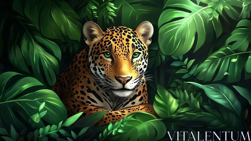 Wild Leopard Amidst Tropical Leaves AI Image