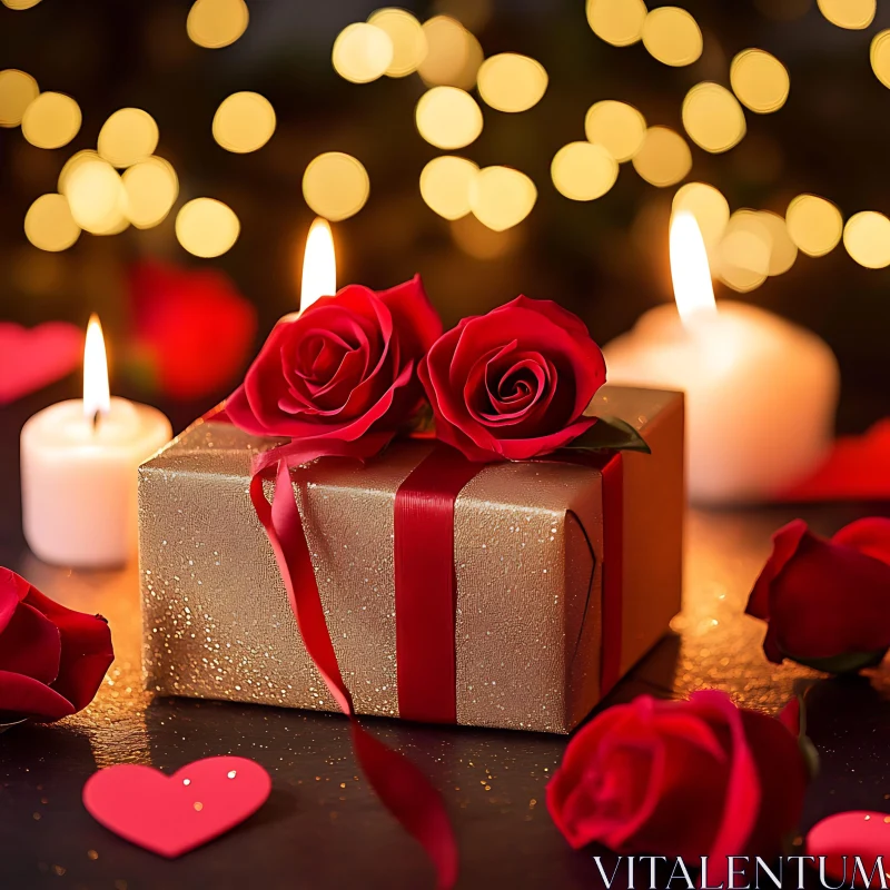 AI ART Golden Gift Box with Red Roses