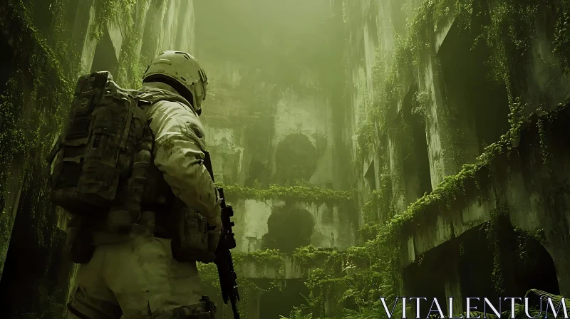 Nature's Reclamation: Soldier in Abandoned City AI Image