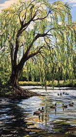 Peaceful Scene of Willow Tree at a Pond